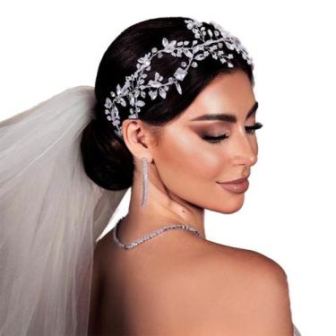 Imagem de Tiara Luxo Arranjo Noiva Pérola Strass de Cristal Prateada - - anjo da