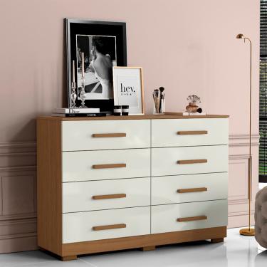 Imagem de Cômoda Sirlei A09 8 Gavetas em MDF com Puxador Reto Off White e Atacama para Quarto 136cm