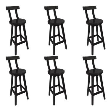 Imagem de Kit 6 Cadeiras Altas Girafa Madeira com Encosto Design Moderno para Bancada Área Gourmet - Preto