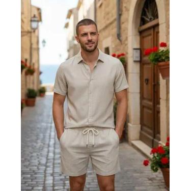 Imagem de Camisa Masculina Linho Manga Curta Casual Elegante Social - Multimais 