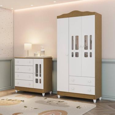 Imagem de Conjunto Quarto Bebê Guarda Roupa Ariel 3 Portas Cômoda 4 Gavetas 1 Porta-100% Mdf Bran...