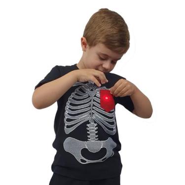 Imagem de Camiseta Infantil Fantasia Esqueleto Halloween Com Led Bolso Minideia,