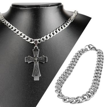 Imagem de pingente pai nosso cruz + pulseira + cordão prata aço inox religioso m