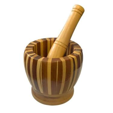 Imagem de Pilão Com Socador De Bambu Para Alho Pimenta Condimentos - CLICK HOUSE