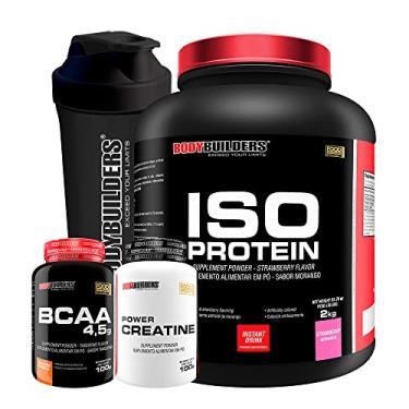 Imagem de Kit Iso Protein 2kg + Power Creatina 100g + BCAA 4,5 100g Tangerina + Coqueteleira - Bodybuilders (Morango)