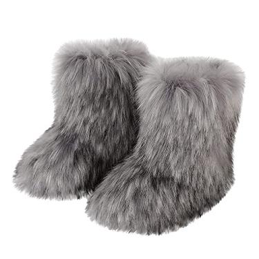 Imagem de TangDao Botas coloridas de pele sintética para mulheres, felpudo, felpudo, bico redondo, camurça, inverno, confortável, pelúcia, quente, curto, botas de neve, botas de cano médio para