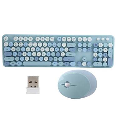 Imagem de Teclado e mouse, conjunto de teclado e mouse sem fio, teclado de 104 teclas, ergonômico de 2,4 GHz sem fio, estilo de máquina de escrever retrô para notebook de mesa (cor azul mista)