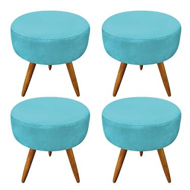 Imagem de Kit 4 Puffs Banqueta Redonda Nina Suede Azul Turquesa Pés Palito Castanho - Pallazio