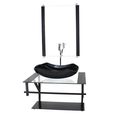 Imagem de GABINETE DE VIDRO PARA BANHEIRO 60CM AP CUBA ABAULADA PRETO COM TORNEIRA CROMADA