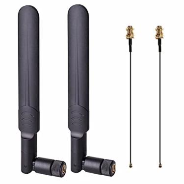 Imagem de 2 antenas macho 8dBi WiFi RP-SMA 2,4 GHz 5,8 GHz banda dupla + 2 x cabo fêmea UFL/IPEX de 15 cm para RP-SMA fêmea para roteadores sem fio de cartão PCIe, computador desktop, repetidor, drone FPV UAV e PS4 construir