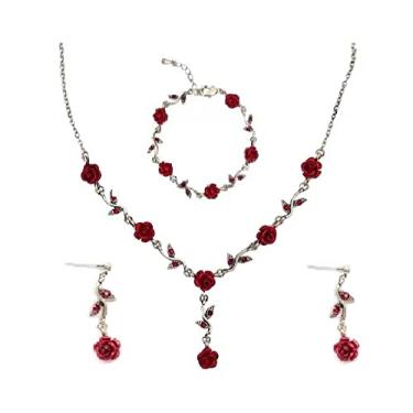 Imagem de COLORFUL BLING 3 peças joias vermelhas rosa colares vermelhos para mulheres brincos pendentes de flor rosa rosa pulseira ouro rosa conjuntos de joias para mulheres noiva casamento meninas, Resina
