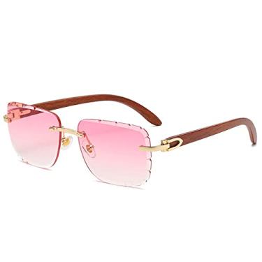 Imagem de Óculos de sol masculinos retangulares fashion sem aro, óculos de sol de designer de madeira sem moldura com caixa, ouro C04 rosa, estojo para óculos