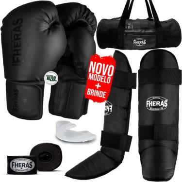 Imagem de Kit Muay Thai Luva Bandagem Caneleira Bucal Bolsa Black 14Oz - Fheras