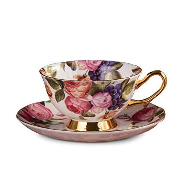 Imagem de Conjunto de xícaras de chá e pires de porcelana e xícara de café de flor rosa conjunto de xícaras de café femininas xícaras de café vintage de cerâmica (rosa)