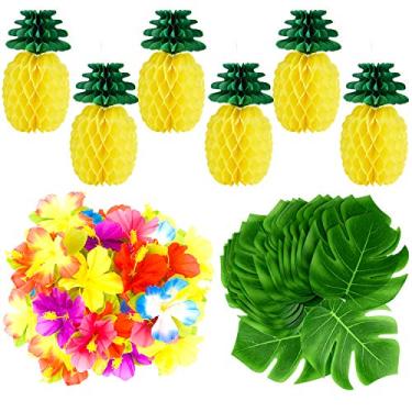 Imagem de TUPARKA 66 peças de decoração de festa de luau tropical, incluindo 6 peças de abacaxi de papel de tecido, 30 peças de folhas tropicais, 30 peças de flores de hibisco havaiana luau festa selva praia decoração de mesa