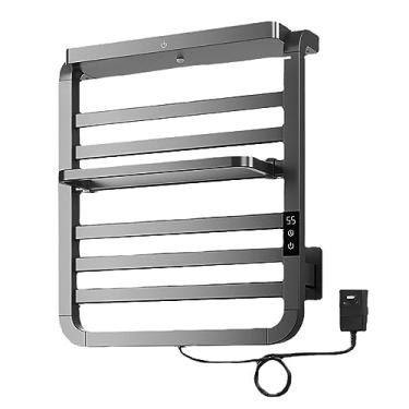 Imagem de Rack aquecedor de toalhas banheiro hotel aquecedor elétrico inteligente trilhos suportes de secador termostático doméstico com temporizador controle de temperatura e display LED, preto, 55 * 49 cm