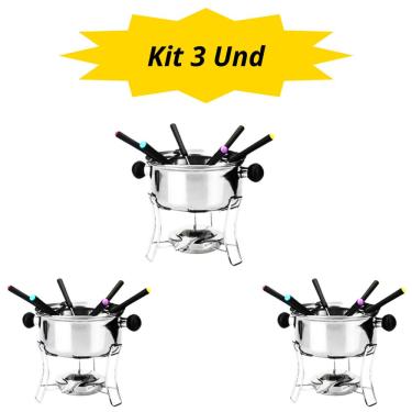 Imagem de Kit 3 Jogo Fondue Inox - 6 Garfos Suporte Fogareiro - 410ml