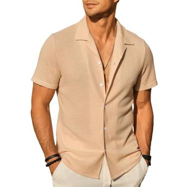 Imagem de PLEPAN Camisas casuais masculinas de manga curta com botões de malha waffle camisas de verão praia vintage moda tops, Caqui, M