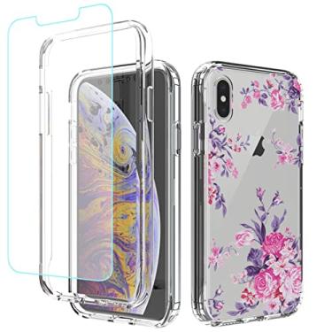 Imagem de sidande Capa para iPhone Xs, capa para iPhone X, com protetor de tela de vidro temperado, capa protetora fina de TPU floral transparente para Apple iPhone Xs/X de 5,8 polegadas (flor rosa)