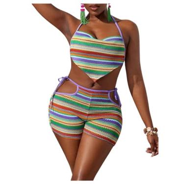 Imagem de Verdusa Conjunto feminino de 2 peças colorblock frente única amarrado frente única cropped top e shorts recortados, Multicor, M