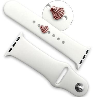 Imagem de Lux Bands Pulseira de relógio ouro rosa pingentes de concha - Aço inoxidável resistente à água pingentes decorativos brilhantes (sem pulseira) - Compatível com todos os relógios Apple, Fitbit Versa, relógios inteligentes - acessórios de pulseira de relógio baseados em pinos