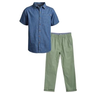 Imagem de DKNY Conjunto de calças para meninos - 2 peças de camisa de botão de manga curta e calça lisa - Conjunto de roupa combinando para meninos (8-12), Lavagem leve, 12
