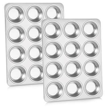 Imagem de Conjunto de 2 formas de muffin para cupcake, formas P&P CHEF de 12 xícaras, formas de muffin de aço inoxidável para assar mini bolo, quiche de torta, para forno e lava-louças, não tóxica e resistente