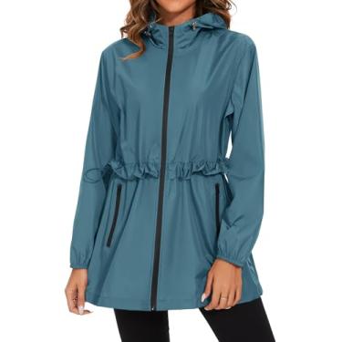 Imagem de TCOT Jaqueta de chuva feminina impermeável embalável com capuz jaqueta corta-vento leve com bolso, Azul porto, XG