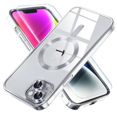 Imagem de Misea Capa magnética para iPhone 14 Plus compatível com MagSafe [nunca amarela] [proteção contra quedas de grau militar] Capa protetora de lente de câmera completa para mulheres e meninas, prata
