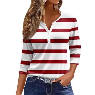 Imagem de Camisetas femininas de verão com manga 3/4, retrô, listradas, gradiente, estampadas, trabalho, negócios, casuais, soltas, túnicas, X2-vermelho, XXG