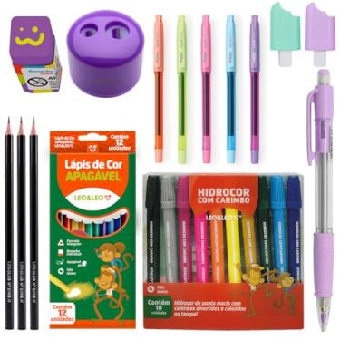 Imagem de Kit de Material Escolar Completo Canetinha com Carimbo Lapis de cor Apagável Canetas Gel - Leo e Leo (Roxo)