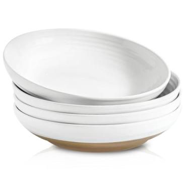 Imagem de Hasense Tigelas de Cerâmica de 21 cm para Sopa, Macarrão e Salada - Conjunto de 4 Tigelas Brancas Rasas, Lava-Louças e Micro-ondas
