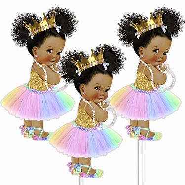 Imagem de Decoração de mesa de centro de mesa de princesa afro-americana arco-íris, topos de fraldas, decoração de festa de princesa de unicórnio