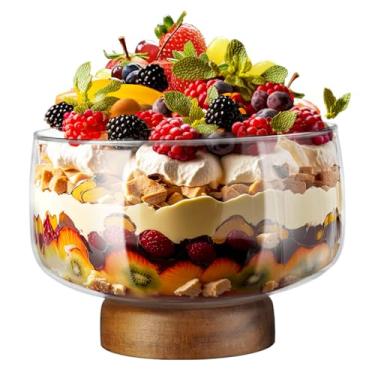 Imagem de NiHome Tigela grande de vidro de 3500 ml com elegante suporte de madeira de acácia, prato de servir versátil para bolos, saladas, sobremesas, exibição elegante para festas, casamentos, ocasiões