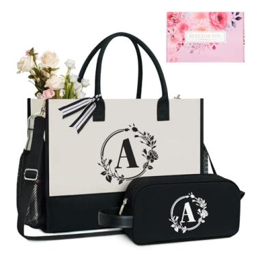 Imagem de TOPDesign Sacola com inicial personalizada com 5 bolsos, fecho de zíper superior, conjunto de presente de aniversário para mulheres, mães, professoras, Preto e branco, Large