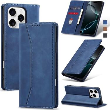 Imagem de Jasonyu Flip Carteira Capa para iPhone 16 Pro,Capinha Folio Magnética de Couro com Suporte para Cartão,Suporte para Chute - Protetora Durável de TPU à Prova de Choque para Telefone,Azul