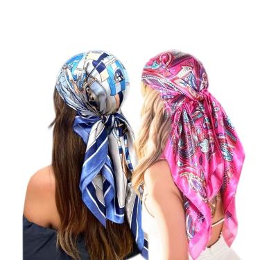 Imagem de Lenço Quadrado Grande Cetim Seda Multiuso Echarpe Cropped Bandana: Kit 2 Estampados