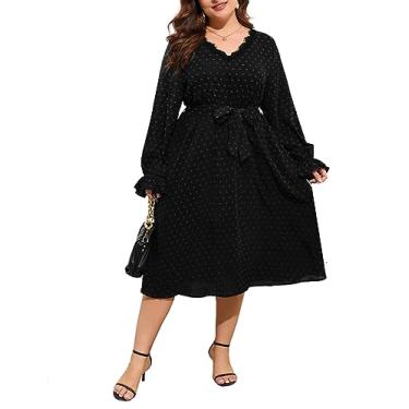 Imagem de ShopWonder Vestido feminino plus size com decote em V, manga comprida, ponto suíço, boho, cintura império, babados, rodado, evasê, midi, Preto, 4G