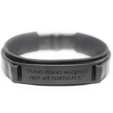 Imagem de Pulseira Couro Masculina Tudo Posso Naquele que me Fortalece - Black E