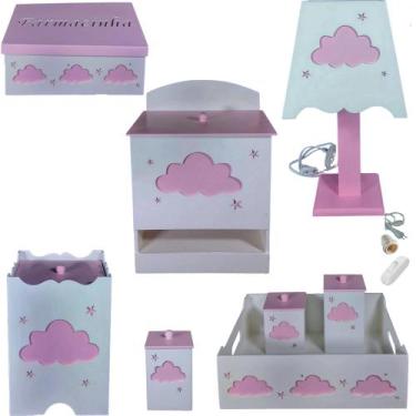 Imagem de kit de higiene bebe mdf 8 pçs  Nuvem menina tampas Rosa - Flores para 