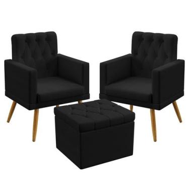 Imagem de 2 Poltronas Nina Estofada com Rodapé e Capitonê com Puff Quasar Sued P