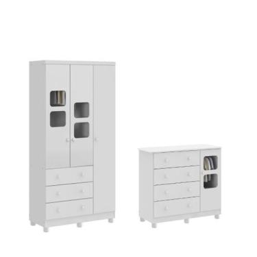 Imagem de Guarda Roupa e Cômoda Moveis Peroba Uli 3 portas 100% MDF Branco