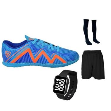 Imagem de Chuteira Futsal Adulto Juvenil Salão Quadra Futebol Costurada + Meião 