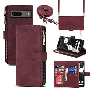 Imagem de Jaorty Capa carteira adequada para Google Pixel 7a (5G 2023), [9 compartimentos para cartões] [colar removível ajustável e alça de ombro] Capa de couro PU com zíper para mulheres e homens, vinho