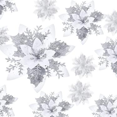 Imagem de 24 peças de natal glitter poinsétia artificial flores natal poinsétia decorações de flores de casamento artificiais enfeites de árvore de natal com clipes para brindes de festa, 15,2 cm, 10,1 cm, 7,6 cm (prata e branco)