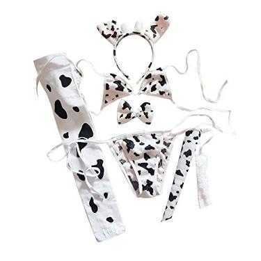Imagem de JasmyGirls Lingerie de vaca sexy roupa de empregada feminina, anime, estampa de vaca leiteira, biquíni, fofo, kawaii, micro sutiã e calcinha, conjunto travesso, Branco 1, Small - XX-Large