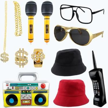 Imagem de Cagemoga 12 Pcs Hip Hop Costume Kit Includes Inflatable Radio Boombox Phone Mic Necklace Bracelet Ring Sunglasses Bucket Hat for 80s 90s Party