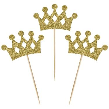 Imagem de HiDori Toppers de cupcake de coroa, 24 peças de decorações de festa de princesa, palhetas de comida com glitter dourado para chá de bebê de 1º aniversário, festa real, ouro (BS-A8GD)