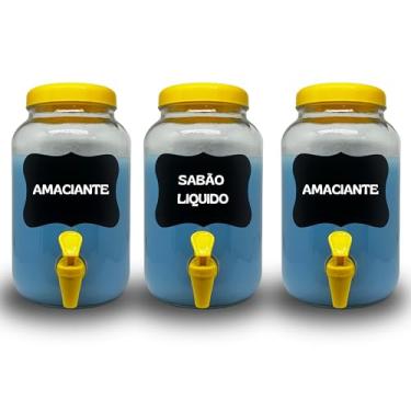 Imagem de KIT LAVANDERIA 3 POTES COM TORNEIRA PARA SABÃO LIQUIDO, AMACIANTE E ALVEJANTE, AMBOS COM 3 LITROS COM LOUSA E GIZ