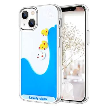 Imagem de LUVI Capa líquida compatível com iPhone 15 Plus fofa desenho animado animado movendo-se água pato areia movediça fluindo flutuante cachoeira capa protetora de borracha de silicone macio azul